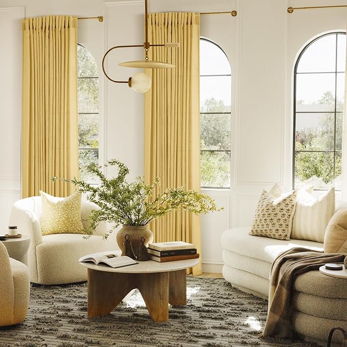 Gold Curtains for Living Room Back Tab Modern Farmhouse Semi Sheer Curtains 108 inches Long 2 Panels Set Muted Neutral Window Curtain for Dining Room Bedroom 52x108