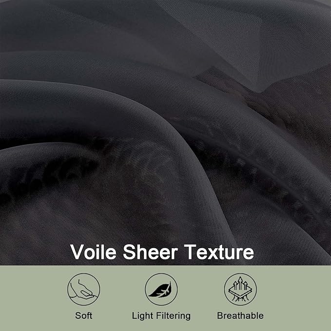 OWENIE Sheer Curtains, Black Sheer Curtains 50 Inch Length 2 Panels Set, Rod Pocket Voile Fimly Sheer Drapes for Living Room Bedroom, 2pcs, Black, Each 42" W x 50" L