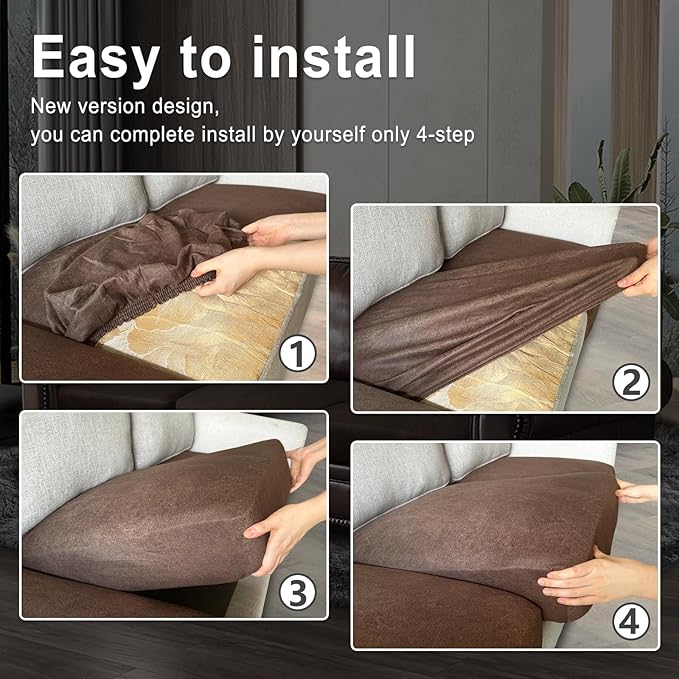 Leather Look Couch Cushion Covers Sofa Seat Slipcovers Sets Couches Furniture Protector for Sectional Armchair Loveseat Pets Kids Stretch Spandex Fabric (1 Cushion Sofa, Brown)
