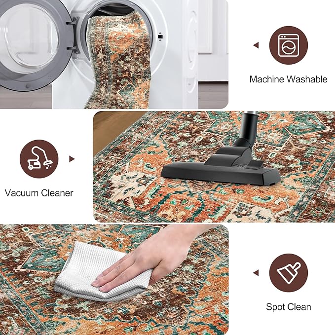 Yamaziot Washable Area Rug, 2x3 Small Entryway Rug Non-Slip Boho Vintage Rug with Rubber Backing, Polyester Soft Distressed Floor Carpet for Indoor Door Mat, Kitchen, Laundry Bathroom