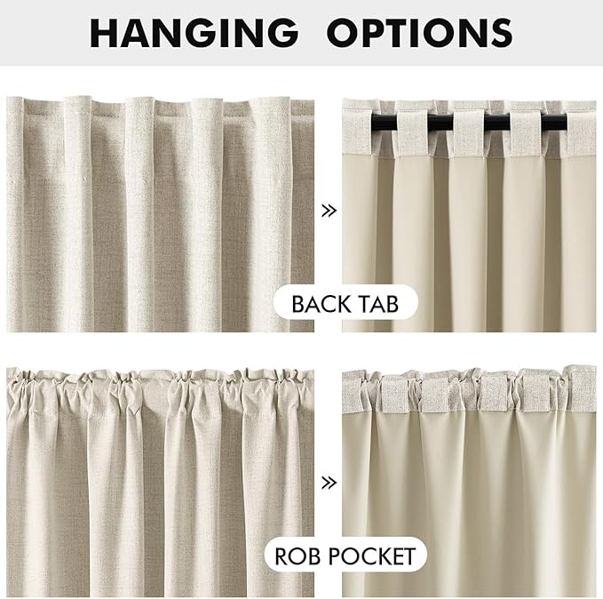 MIULEE 100% Blackout Linen Curtains for Bedroom, Linen Beige Solid Luxury Decor Thermal Insulation Room Darkening Drapes for Living Room Nursery Back Tab Rod Pocket 42 x 90 Inches, 2 Panels