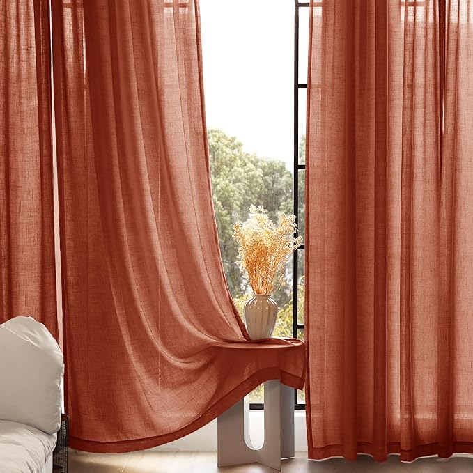 96 inch Linen Terracotta Curtains 2 Panels for Living Room Back Tab Light Filtering Semi Sheer Rust Colored Curtains 96 inches Long Soft Thick Cotton Cloth Textured Rustic Boho Farmhouse Room Decor