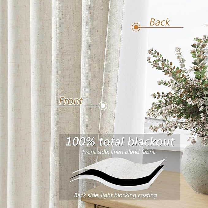 Guken Cream 100% Blackout Linen Curtains 42 Inch Wide by 72 Inch for Living Room Bedroom Back Tab/Rod Pocket Thermal Insulated Black Out Drapes Room Darkening Farmhouse Window Curtains