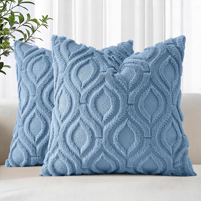 decorUhome Throw Pillow Covers 18x18 Inch Set of 2, Soft Plush Faux Wool Blue Solid Couch Pillow Covers, Accent Farmhouse Neutral Square Pillow Cases for Sofa Bed Living Room