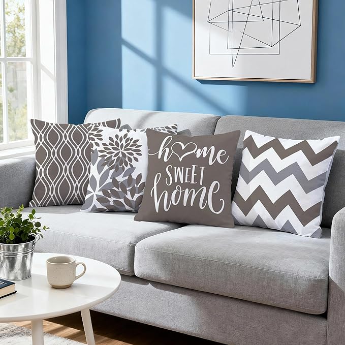 Hexagram Geometric Grey Pillow Covers 18x18 Set of 4, Decorative Outdoor Boho Modern Throw Pillow Covers, Home Sweet Home Farmhouse Cushion Case for Couch Sofa Bedroom Indoor Decor(No Insert)