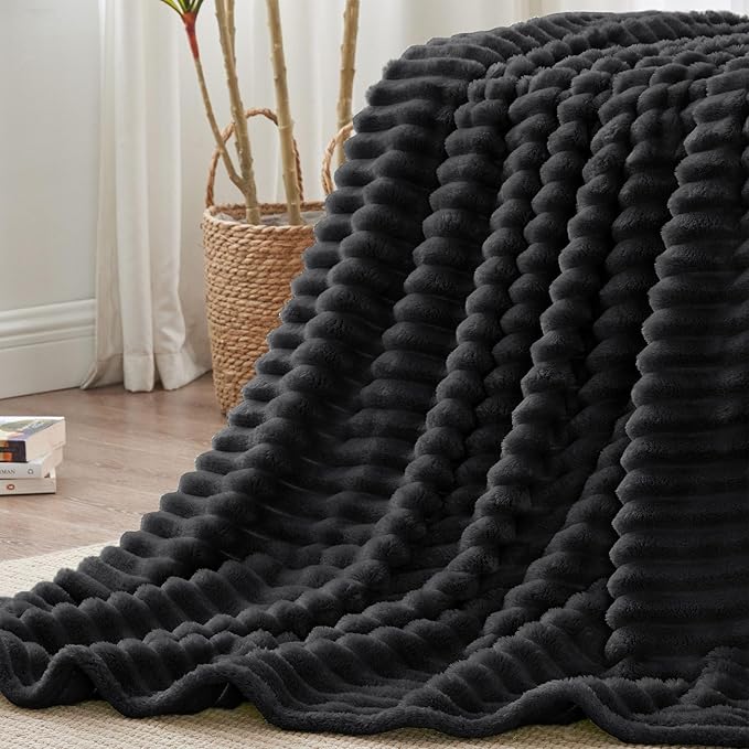 BEDELITE Blankets Queen Size for Bed, 300GSM Soft & Warm Fleece Blanket, Decorative and Giftable Striped Black Blankets for Women, Men, 90"x90"