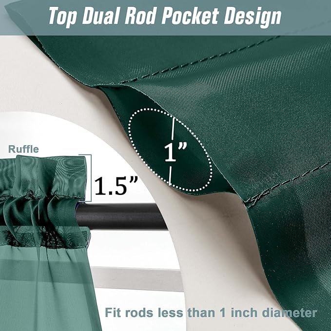 Green Small Sheer Curtains 2 Panels Set, Kitchen Curtains 36 Inch Length, Elegant Light Filtering Short Window Drapes for Living Room Bedroom, Dual Rod Pocket, Hunter Green, 2x42Wx36L Inches