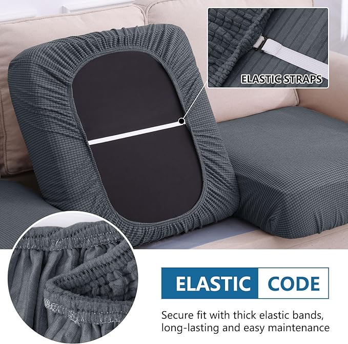 hyha Waterproof Couch Cushion Covers for Pets, Non Slip Sofa Seat Cover for Dogs Washable, Soft Thick Stretch Jacquard Fabric, Sofa Slipcovers with Elastic Bottom (1 Chaise+2 Seater, Grey)