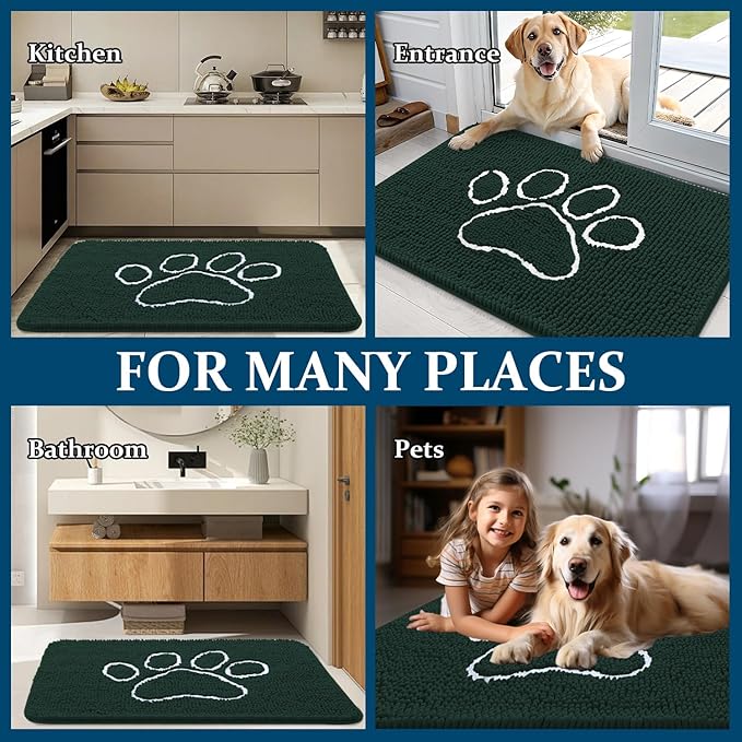 OLANLY Dog Door Mat for Muddy Paws 40x32, Paw Print Design, Absorbs Moisture and Dirt, Absorbent Non-Slip Washable Doormat, Quick Dry Chenille Mud Mat, Entry Indoor Entryway Carpet, Blackish Green