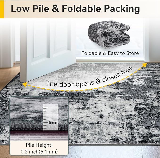 Washable Area Rugs 2'x8' Non-Slip Modern Abstract Soft for Living Room Entryway Bedroom Nursery, Print Pattern, Black Navy Blue Gray
