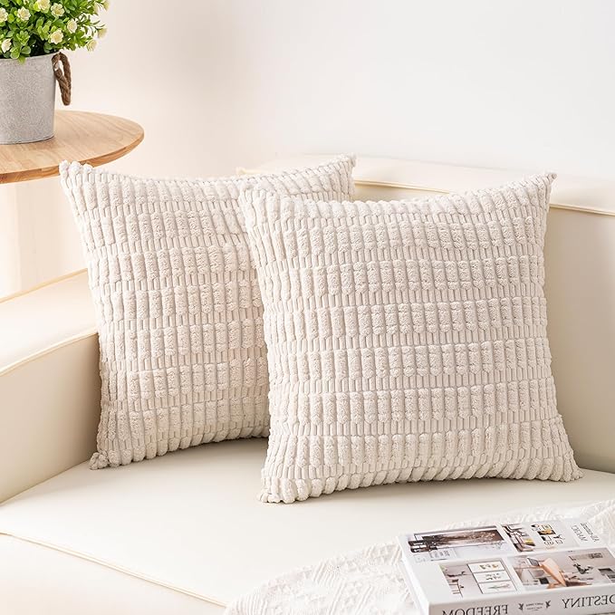 Pack of 2 Corduroy Decorative Throw Pillow Covers 26x26 InchSoft Striped Pillow Covers Modern Farmhouse Home Decor for Sofa Living Room Couch Bed（Cream White）