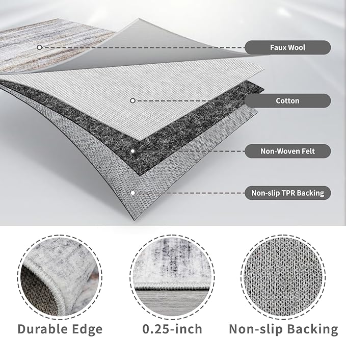 3x12 Washable Hallway Runner Rug: Extra Long Runners for Entryway Living Room Dining Room - Stain and Water Resistant Rugs with Non-Slip Backing - Soft Low-Pile Carpet 12ft Beige Grey