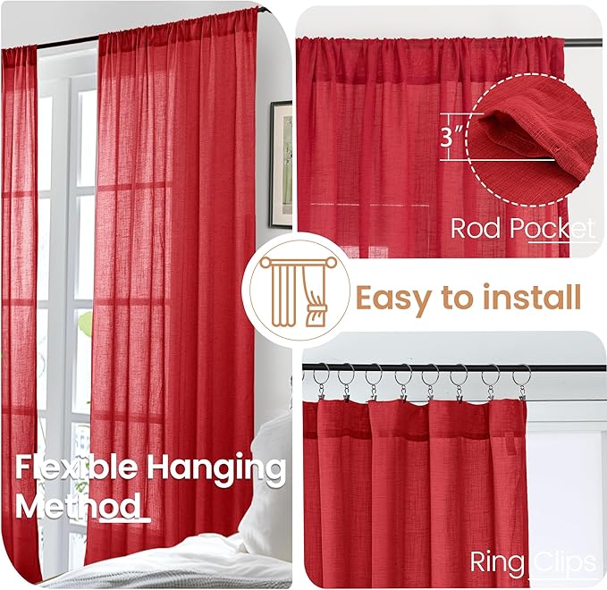 BGment Red Linen Curtains 63 Inches Long for Living Room, Semi Sheer Window Drapes Textured with Rod Pocket for Bedroom Dining Room Lightweight, 2 Panels Set, Each 52 Inch Wide