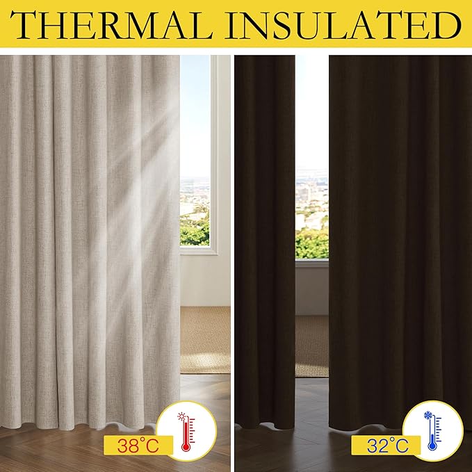 NICETOWN Oatmeal Vintage Open Linen Weave Flax Thermal Curtains, 100% Blackout Curtains 72" Long for Dining Room, Soundproof Window Treatment Drapes for Gym Room, 42" Wide Per Panel, Set of 2