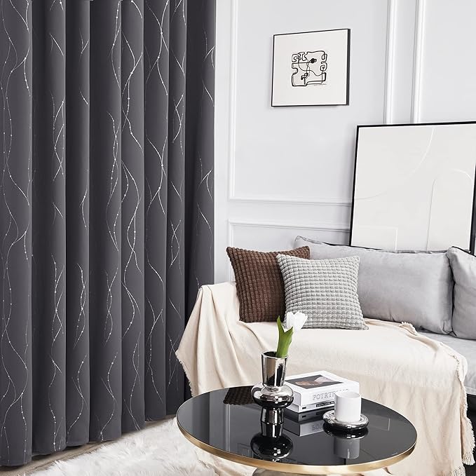 Deconovo Short Curtains Grey, Blackout Kitchen Curtain, Thermal Insulated Soundproof Drapes, Wave Dots Foil Print, 52 x 54 Inches, 2 Panels, Machine‑Washable Privacy Window Panel for Small Windows