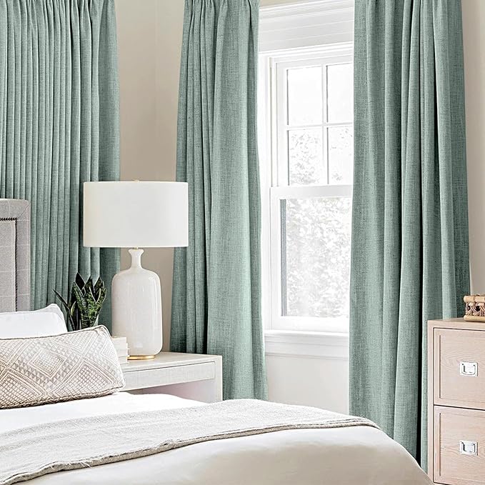 MIULEE Linen Texture Curtains for Bedroom Solid 100% Blackout Thermal Insulated Seafoam Green Curtains Grommet Room Darkening Drapes for Living Room Nursery 52x63 Inch (2 Panels)