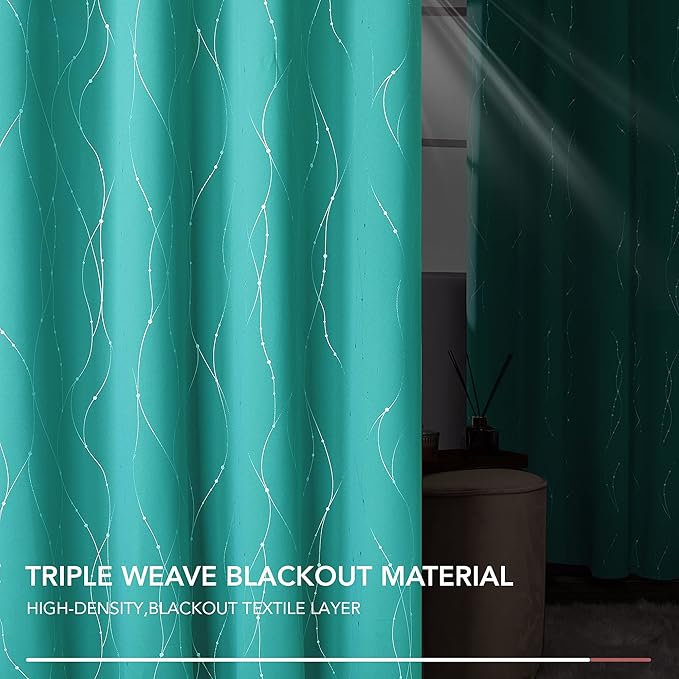 Deconovo Blackout Curtains for Sliding Door, Thermal Insulated Soundproof Drapes with Wave Dots Foil Print, 52 x 108 Inch, Set of 2, Machine Washable Window Curtain for Bedroom Living Room, Turquoise