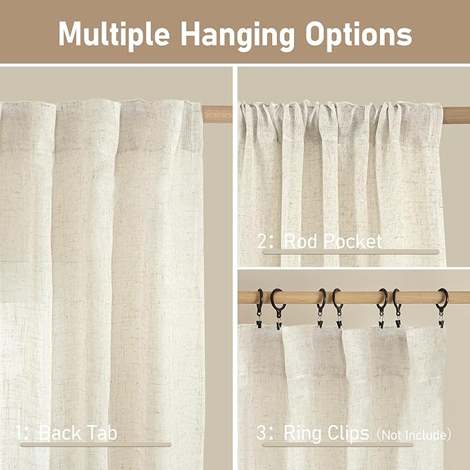 LAMIT 108 inch Linen Curtains for Living Room, Back Tab and Rod Pocket Cream Ivory Extra Long Curtains Light Filtering Neutral Drapes for Large Window, 2 Panels,52 x 108 Inch, 9FT, Natural