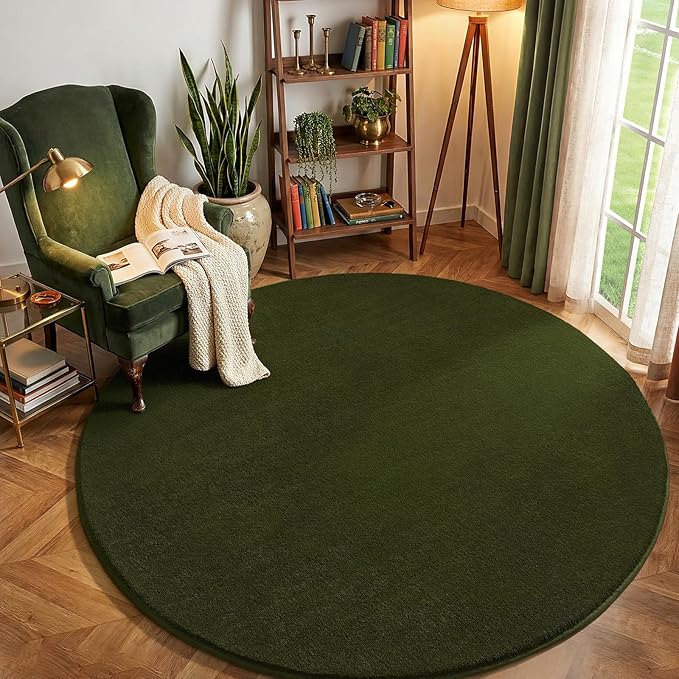 Amearea Olive Green Round Area Rugs 5ft Washable Circle Rugs for Bedroom Living Room, Fluffy Indoor Thickened Memory Foam Rug, Non Slip Minimalist Circular Carpet for Kids Boy Girl Dorm Nursery Room