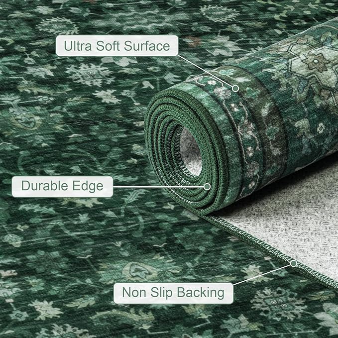 Area Rugs 10x12 Living Room Rug: Washable Rug Soft Vintage Distressed Floral Carpet Indoor Non-Slip Stain Resistant Large Carpets for Bedroom Dining Room Farmhouse Nursery Home Office Deep Green