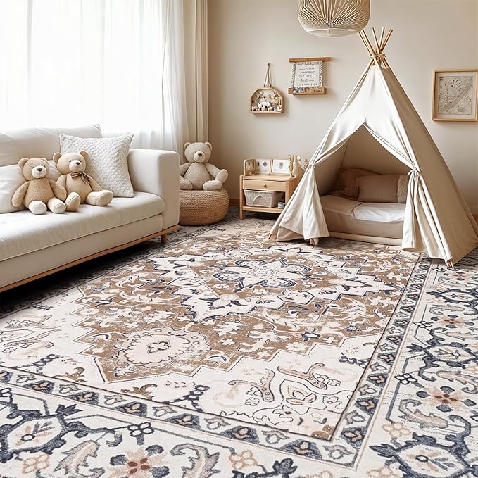 Lofus 5x7 Area Rugs for Living Room, Washable Area Rug, Rugs for Bedroom, Kitchen, Vintage Boho Carpet, Soft Non-Slip, Low Pile Large Area Rug for Office Dining Room, Floral Brown