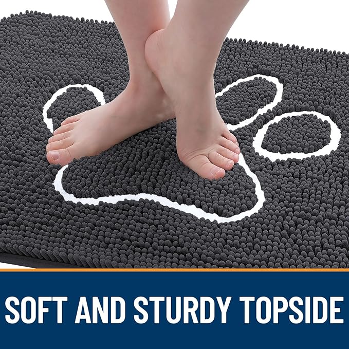 OLANLY Dog Door Mat for Muddy Paws 47x20, Paw Print Design, Absorbs Moisture and Dirt, Absorbent Non-Slip Washable Doormat, Quick Dry Chenille Mud Mat for Dogs, Entry Indoor Entryway Carpet, Dark Grey