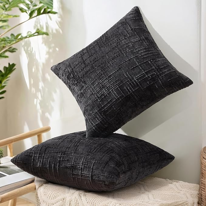 decorUhome Black Chenille Throw Pillow Covers 20x20 Set of 2 Textured Soft Cozy Slubby Couch Pillow Covers Modern Farmhouse Boho Decorative Pillow Cases for Bed Sofa Living Room