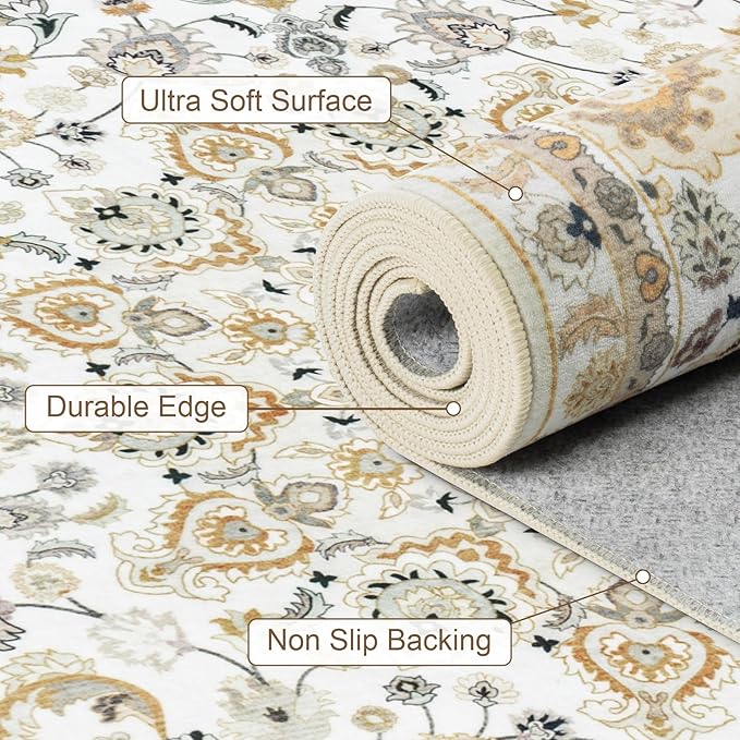 8x10 Area Rugs for Living Room: Washable Rug Soft Vintage Boho Carpet Indoor Floor Non-Slip Stain Resistant Floral Large Carpets for Bedroom Dining Room Farmhouse Nursery Home Office Beige