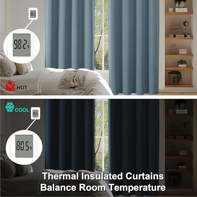 Simplebrand Ava Stone Blue Short Blackout Curtains for Bedroom 54 Inches Long 2 Panels Set, Solid Thermal Insulated, Energy Saving Window Treatment Curtains Blackout Drapes, W40 x L54 Inch, Stone Blue