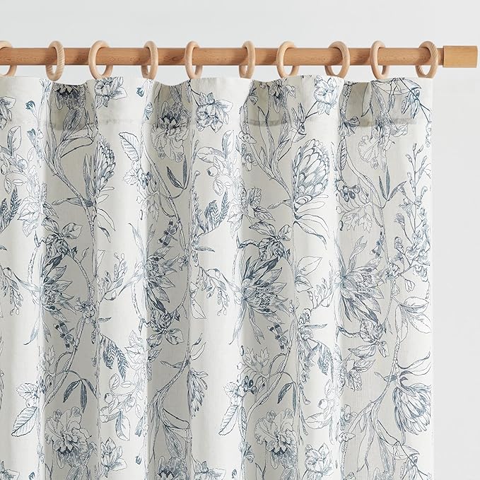 jinchan Floral Curtains 90 Inch Length Blue Flower Linen Farmhouse Curtain for Living Room French Country Vintage Curtain Rod Pocket Curtains Set 2 Panels Blue Floral Printed