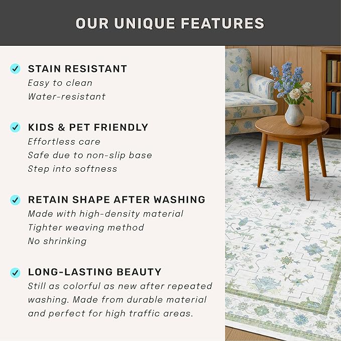 Hazo Haus Blue and Green Living Room Rug 7x10 - Cream Oushak Vintage Boho Floral Farmhouse, Washable Low Pile Non-Slip Extra Large Area Rugs for Bedroom, Kids, Lounge