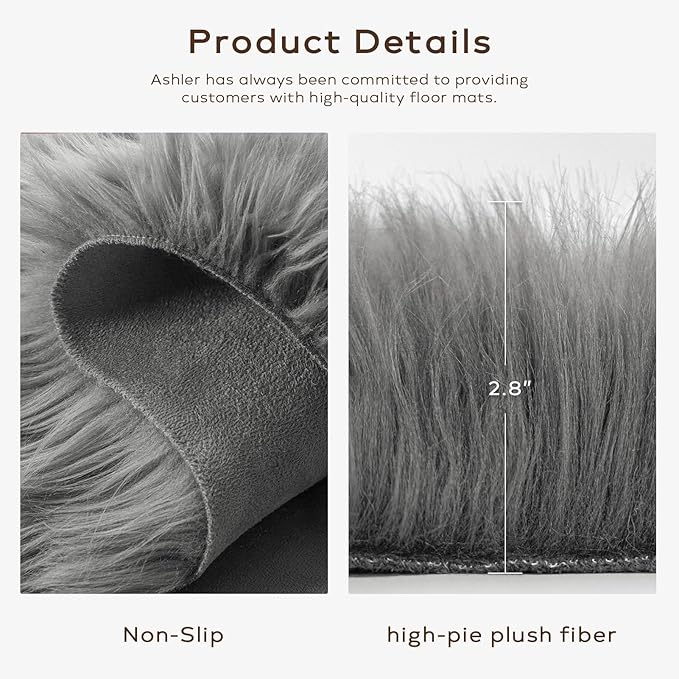Ashler Faux Fur Rug, Fluffy Shaggy Area Rug Ultra Soft 2 x 3 Feet Sheepskin Fur, Dark Grey Fuzzy Rug Machine Washable Shag Rug, Nursery Decor Throw Rugs for Bedroom, Living Room, Kids Room