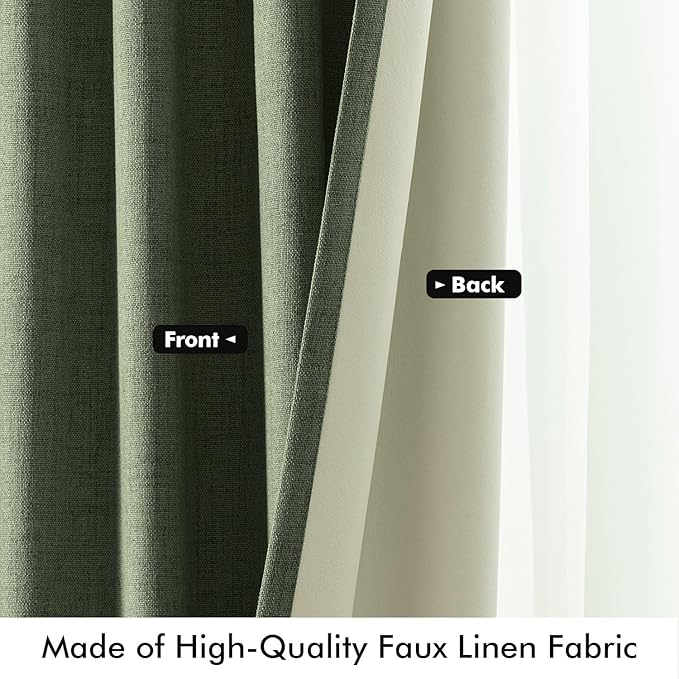 MIULEE 100% Blackout Linen Curtains for Bedroom, Olive Green Solid Luxury Decor Thermal Insulation Room Darkening Drapes for Living Room Nursery Back Tab Rod Pocket 42 x 84 Inches, 2 Panels