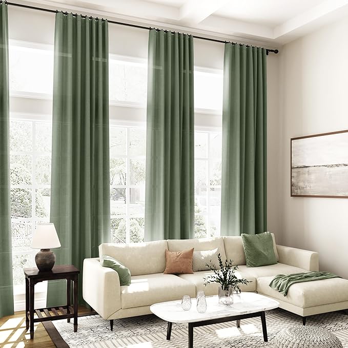 Olive Green Linen Sheer Curtains 63 Inch Length 2 Panel Set Back Tab Rod Pocket Semi Sheer Light Filtering Breathability Country Style for Narrow Window Drapes for Bedroom Living Room 40x63