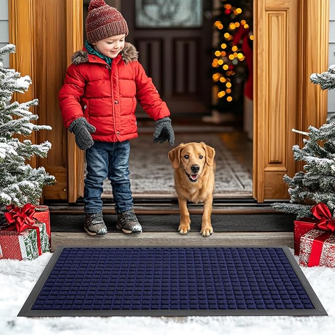 Smiry Front Door Mat Outside Entrance, Heavy Duty Natural Rubber Doormat, Non Slip, Trap Dirt and Moisture, Easy Clean, Low Profile Welcome Floor Mats for Indoor Outdoor Entry, 71x23 Inch, Navy Blue