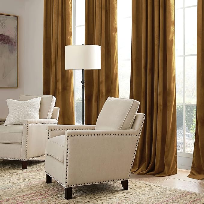 RYB HOME Gold Brown Velvet Curtains 84 inches with Hook Belt, Soft Fabric Room Darkening Thermal Insulated Luxurious Home Decor Curtains for Living Room Bedroom, W 42" x L 84", 2 Panels Set