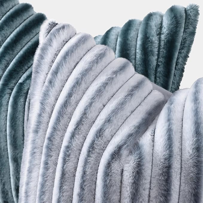 decorUhome Cozy Faux Fur Throw Pillow Covers 26x26 Set of 2 Decorative Soft Plush Striped Modern Farmhouse Boho Couch Euro Sham Pillow Cases with Velvet Back for Sofa Bed Living Room, Grey White