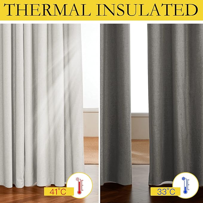 NICETOWN 100% Absolutely Blackout Linen Curtains with Thermal Insulated White Liner, Ivory, 62" Wide, 2 Pieces, Privacy Vertical Window Drapes for Office Laundry Living Room Windows 84 inch Long