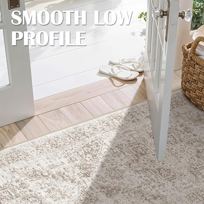 4x8 Washable Hallway Runner Rug - Wide Kitchen Runners Vintage Low Pile Carpet Soft Thin Floor Runner with Rubber Backing for Entryway Bedroom Living Room Home Decor (Cream/Camel)