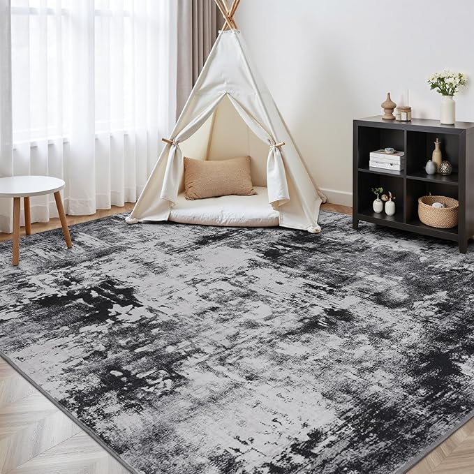 Rugflix 5x7 Area Rugs for Living Room, Washable Large Rug Stain-Resistant Low Pile, Modern Dark Carpet for Dining Room Home Office Kid Room Nursery Bedroom, Black Grey