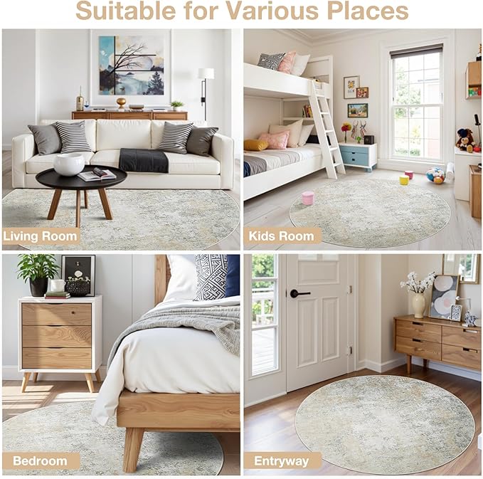 Round Rug 8ft Circle Rug Washable: Carpet Circular Area Rug for Entryway Kitchen Bedroom Dining Room Living Room Large 8 Feet Abstract College Dorm Non Slip Low Pile Beige Grey