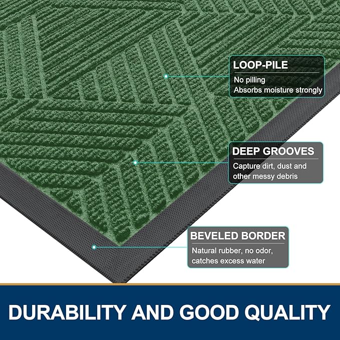 Smiry Front Door Mat Outside Entrance, Heavy Duty Sturdy Natural Rubber Doormat, Trap Dirt and Moisture, Easy Clean Low Profile Welcome Floor Mats for Indoor Outdoor Entry, 35X23 Inch, Green