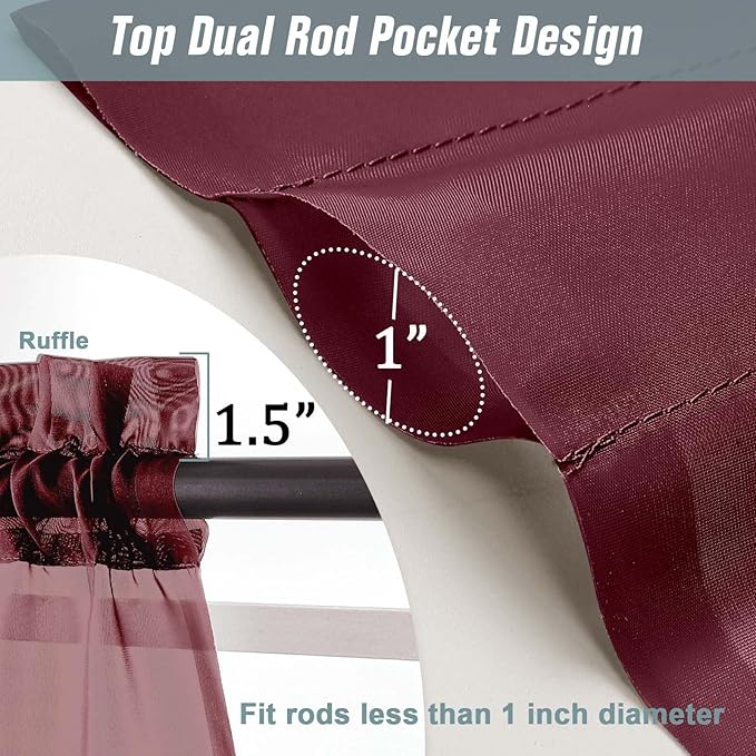 Extra Wide Sheer Curtains for Window 96 Inches Long 2 Panels Set, Elegant Light Filtering Voile Sheer Curtains for Sliding Glass Door, Dual Rod Pocket Window Drapes, Burgundy, 2x59Wx96L Inches