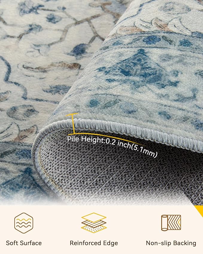 RELEANY Area Rugs 8'x10' Washable Non-Slip, Floral Vintage Distress Print Pattern Medallion Carpet for Living Room Bedroom Dining Room, Light Blue Navy Beige Gray White