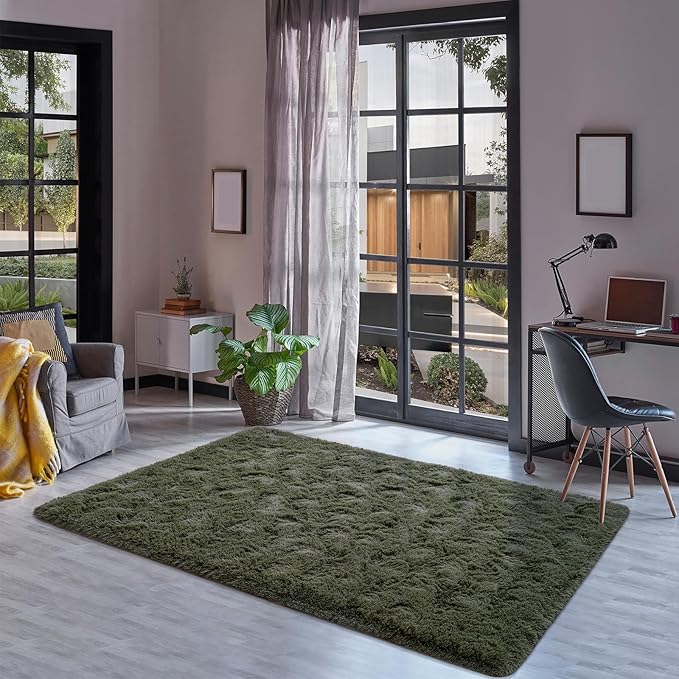 Goideal Fluffy Rug for Bedroom Living Room, 4x6 Olive Green Area Rugs, Faux Fur Shag Modern Carpet Ultra Soft Girls Boys Room Home Decor, Solid