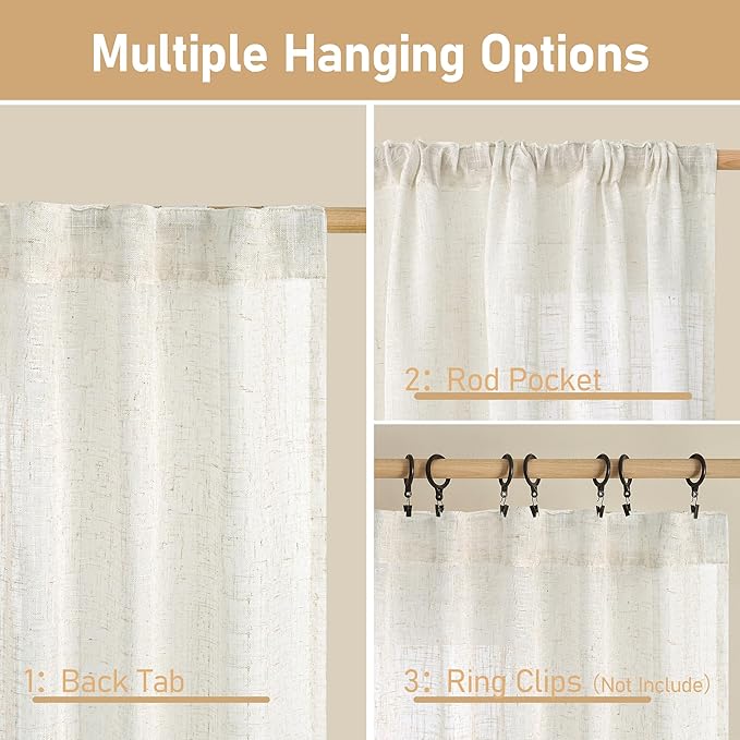 LAMIT Cream Linen Boho Curtains 84 inch Length 2 Panels, Light Filtering Semi Sheer Panels Back Tab and Rod Pocket Neutral Drapes for Bedroom/Living Room, 34 x 84 Inch