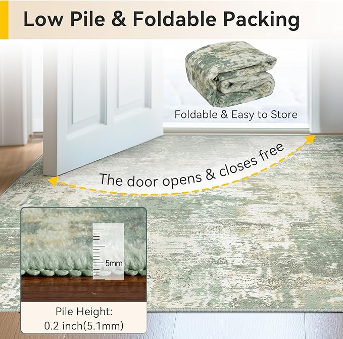 Washable Area Rugs Square 8ft Non-Slip Modern Abstract Soft for Living Room Entryway Bedroom Nursery, Print Pattern, Light Green/Yellow