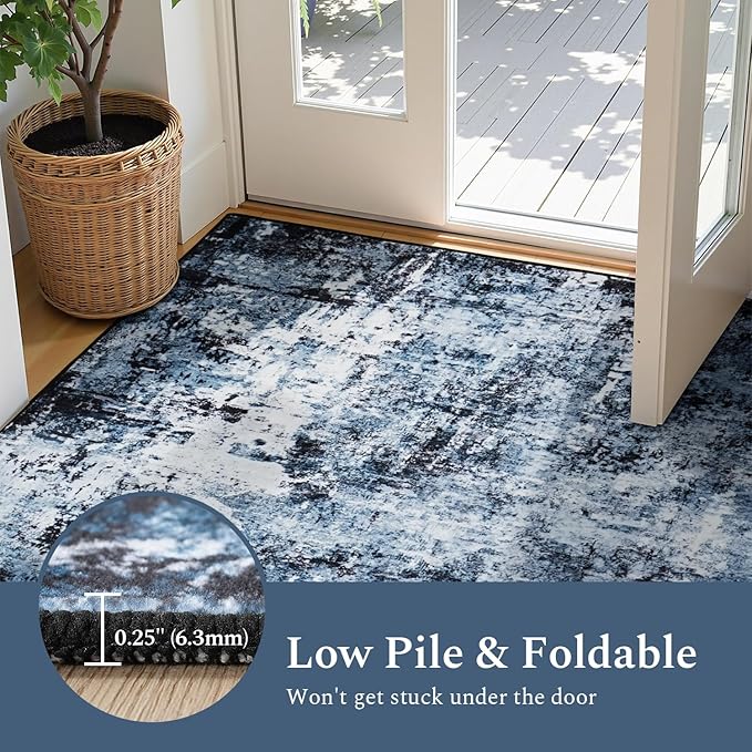 Rugflix Round Area Rugs 6Ft for Living Room, 6x6 Washable Rug Stain-Resistant Low Pile, Modern Dark Carpet for Dining Room Home Office Kid Room Nursery Bedroom, Navy Blue/Black