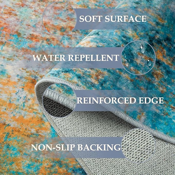 Washable Area Rugs 4ft Non-Slip Modern Abstract Soft for Living Room Entryway Bedroom Nursery, Print Pattern, Teal Blue Green Orange Rust Red Coloreful