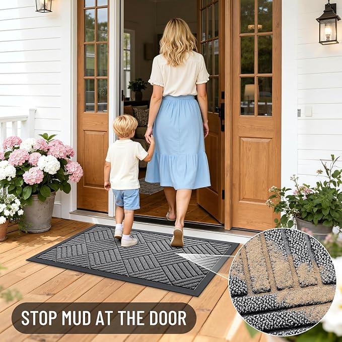 OLANLY Front Door Mat Outside Entrance 33x21, Absorbent, Heavy Duty Sturdy Natural Rubber Doormat Indoor Outdoor, Stain and Fade Resistant, Non-Slip Low Profile Floor Mat for Entryway, Grey Diamond